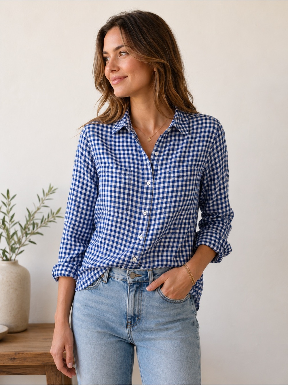 Lilly Pulitzer Blue White Gingham Button-Down Shirt Women’s XS Coastal Casual